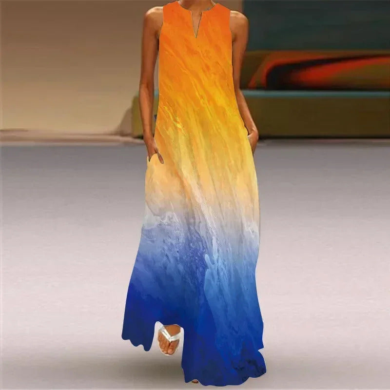 Women's summer Boho vintage maxi dress Women's pocket loose casual print A-line dresses