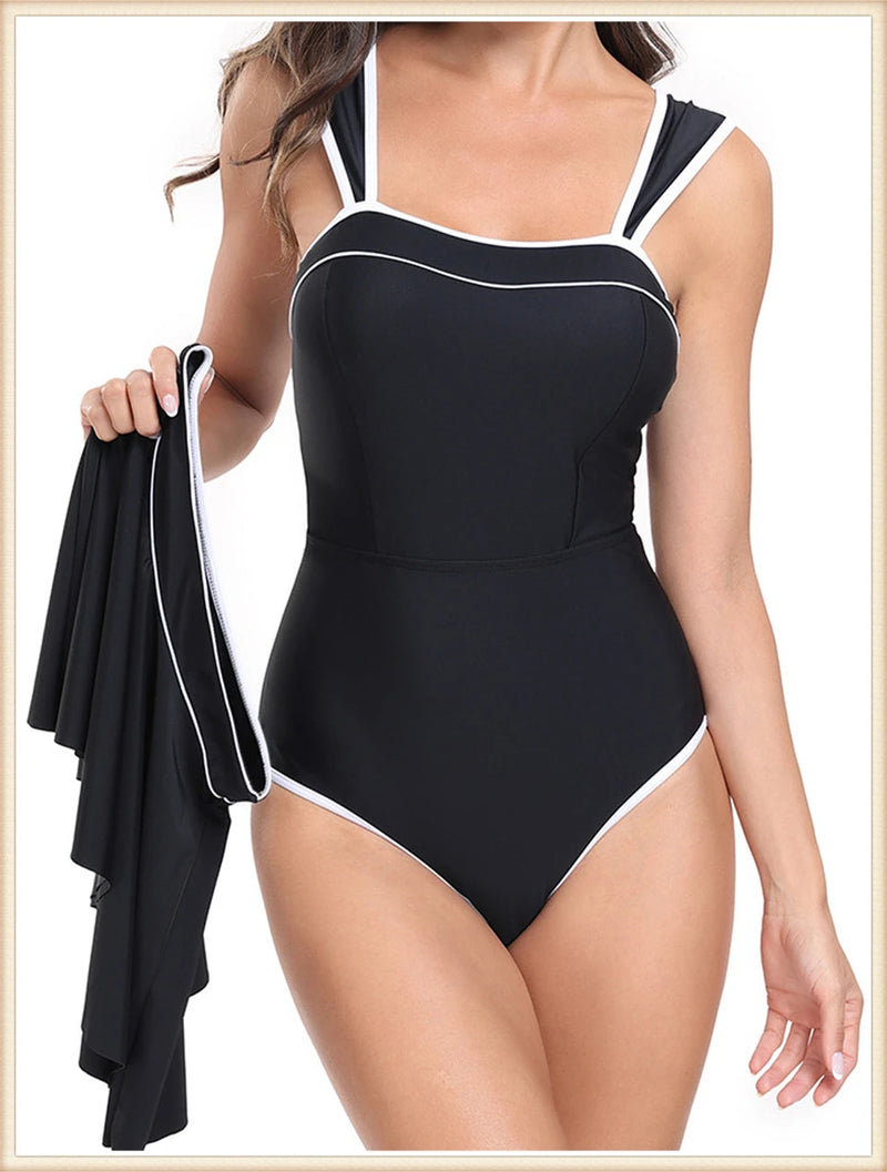 2 Piece Solid Bodysuit With Beach Skirt 2024 Women New Padded Bikinis Swimwear Summer Beachwear Female Bathing Swimming Suit