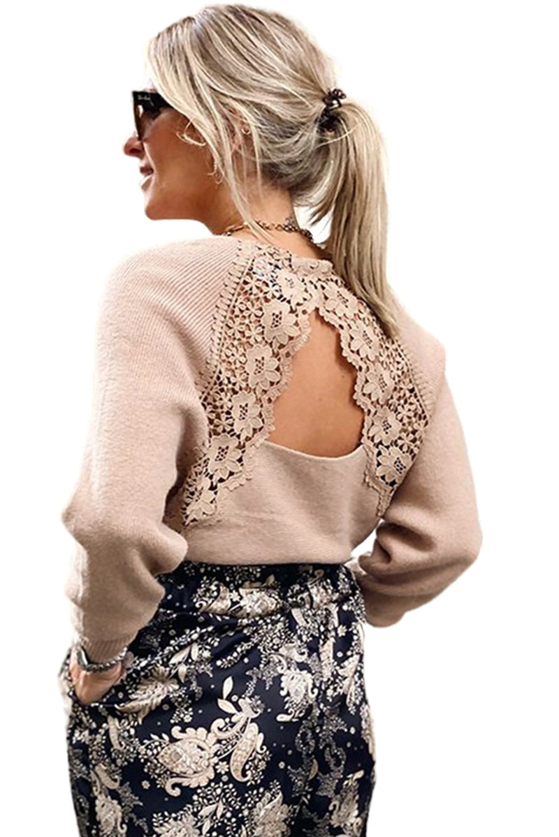 V Neck Lace Patch Hollow-out Back Sweater