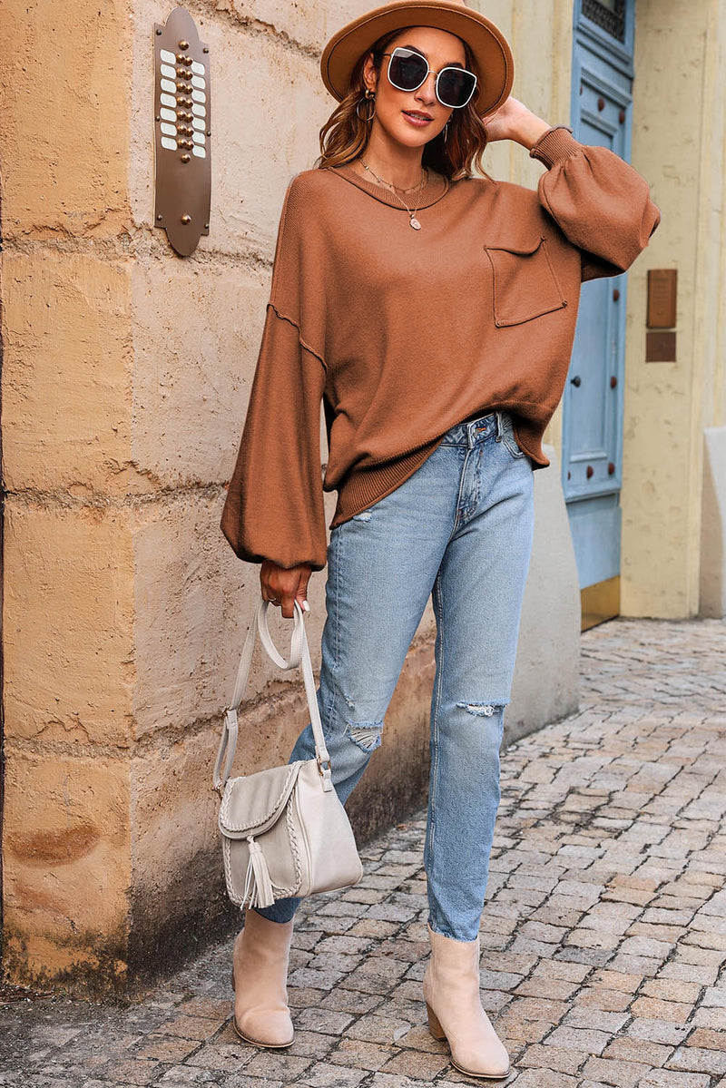 Orange Raw Edge Patch Pocket Exposed Seam Loose Sweater