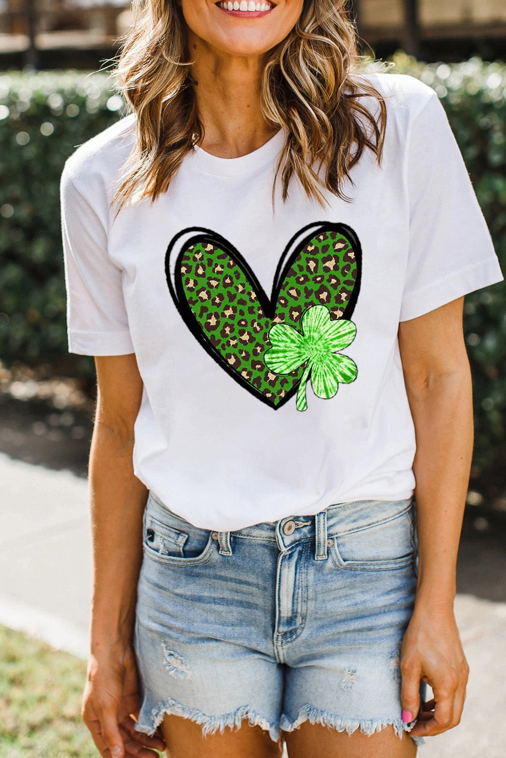 White Clover Leopard Heart Shaped Print Crewneck Graphic Tee