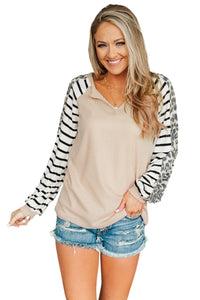 Animal Striped Sleeve Patchwork Waffle Knit Top