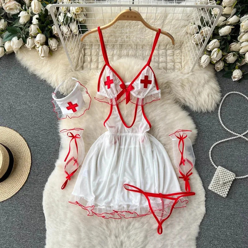 Dropped Waist Women's Sexy Sweet Nurse Cosplay Uniform Lingerie Set Revealing Neckline Lace Trimmed Nightgown Costume Dresses