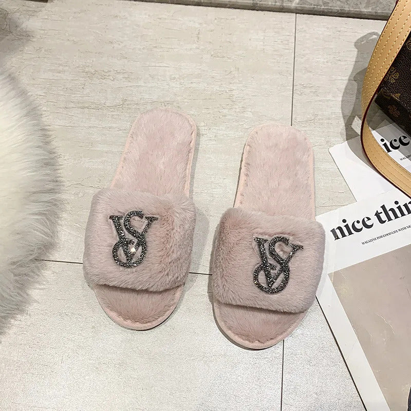 Female Home Cotton Slippers Women Autumn Winter Hairy Warm Footwear Fashion Letter Rhinestones Sandals Woman Casual Flat Shoes