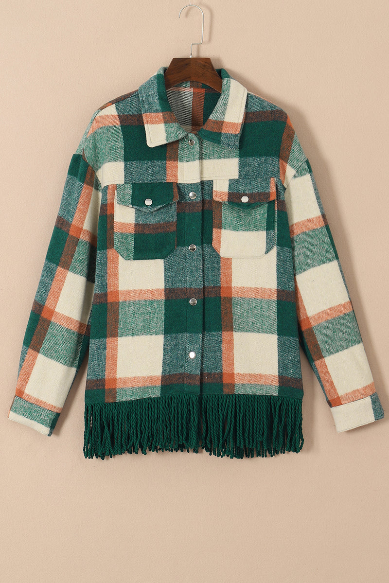 Sea Green Plaid Snap Button Pocket Fringed Hem Jacket