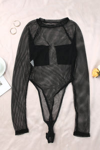 Black Fishnet Pocketed Long Sleeve High Cut Bodysuit