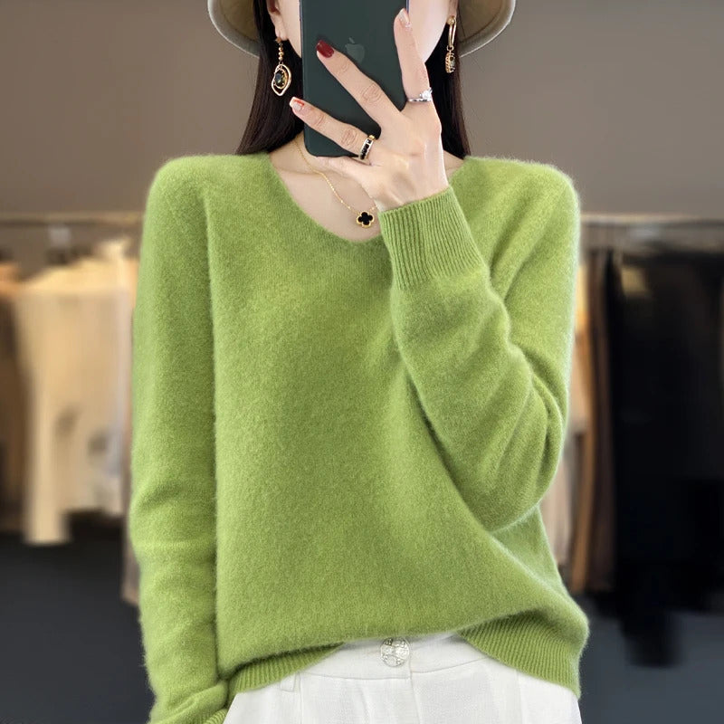 100% pure wool cashmere sweater women's V-neck pullover casual knit top autumn and winter women's coat Korean fashion