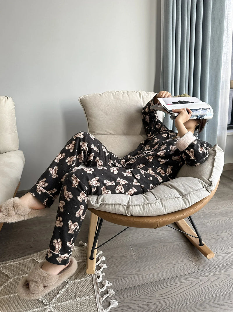 100% Cotton Pajamas for Women Loose Cartoon Long Sleeve Pants Loungewear Women 2 Piece Set Pj Women Outfit Sleepwear Set Pijamas