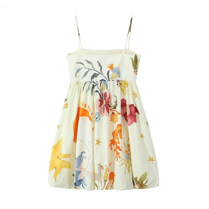 Women Fashion Summer Printing Loose Side Zip Sleeveless Backless Sling Mini Dress Chic Female French Elegance Evening