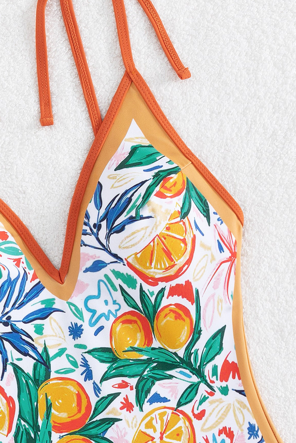 Orange Fruit Plant Print Tied Straps V Neck One Piece Swimsuit