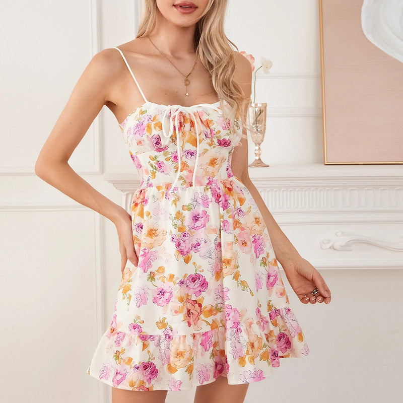 Elegant Women Summer Lace Floral Patchwork Corset Mini Dress Sleeveless Square Neck Tie-up Short Tank A-line Flowy Party Dress