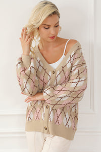 Multicolour Rhombus Pattern Knit Sweater Cardigan