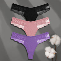 FINETOO 3Pcs Women's Cotton Underwear Lace Thongs Sexy Solid Color Low Waist Bikini Panties Ladies Breathable G-string Lingerie