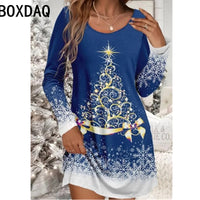 Ladies' Red Christmas Day Party Dress 3D Christmas Tree Pattern Printed Dress Big Size Autumn Long Sleeve O-Neck Casual Dresses