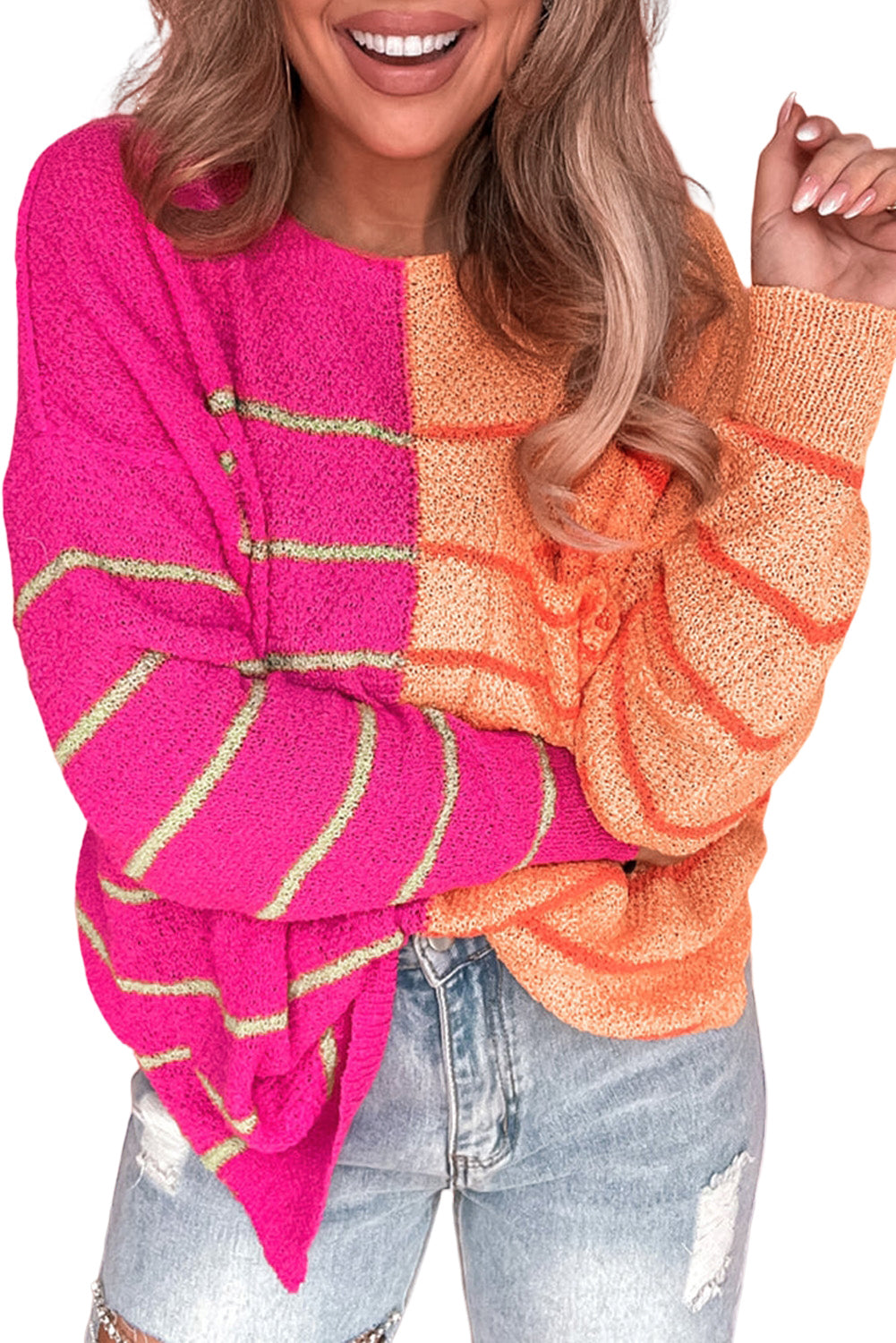 Multicolour Striped Color Block Loose Fit Knit Sweater