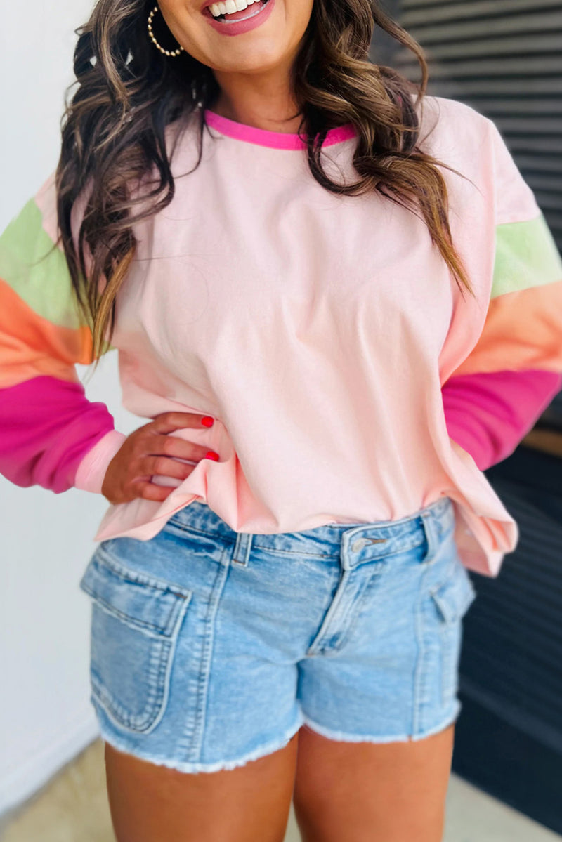 Pink Colorblock Patchwork Long Sleeve Plus Size Top