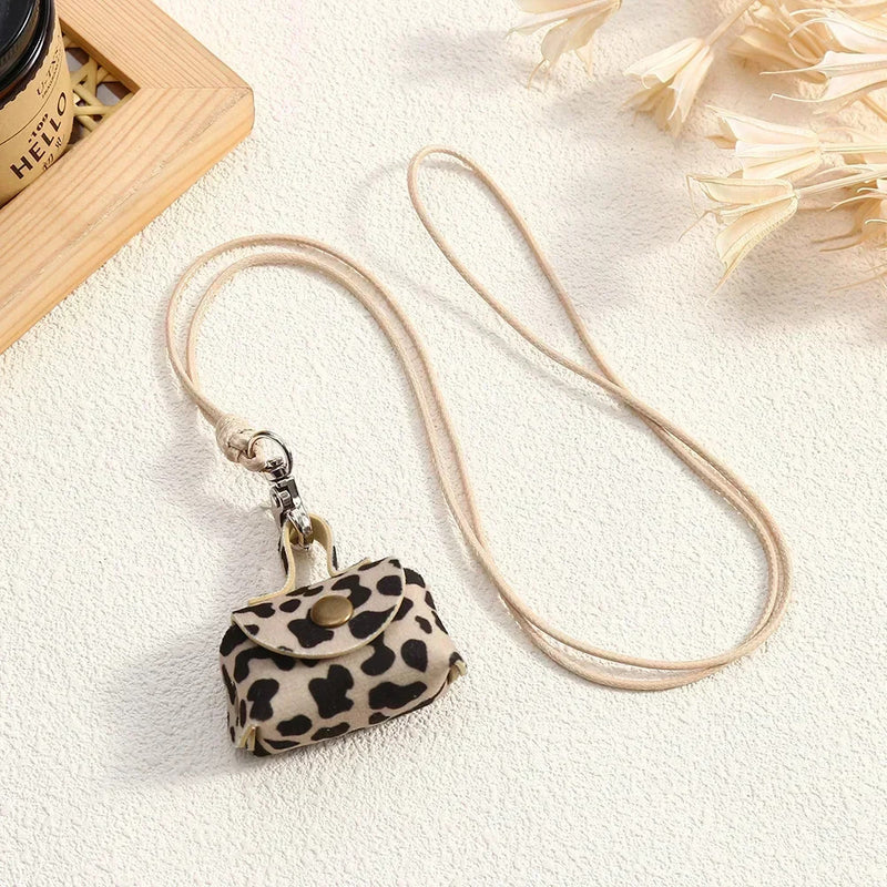 LATS Retro Cute Small Leather Bag Long Necklace for Women Fashion Sweater Chain Neck Hanging Jewelry Versatile Accessory Gift