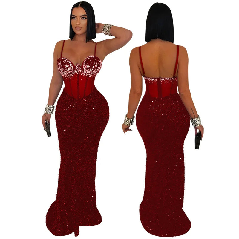 CM.YAYA Women Mesh Velvet Diamonds Sleeveless Strap Bodycon Maxi Dress Sequine Birthday Sexy Party Evening Vestidos Long Dresses