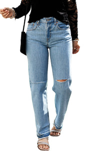 Light Blue Distressed Slit Leg Raw Edge Straight Jeans