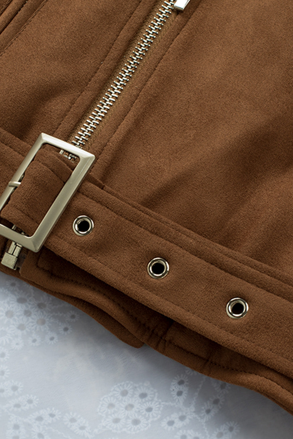 Brown Vegan Suede Zip Detail Moto Jacket