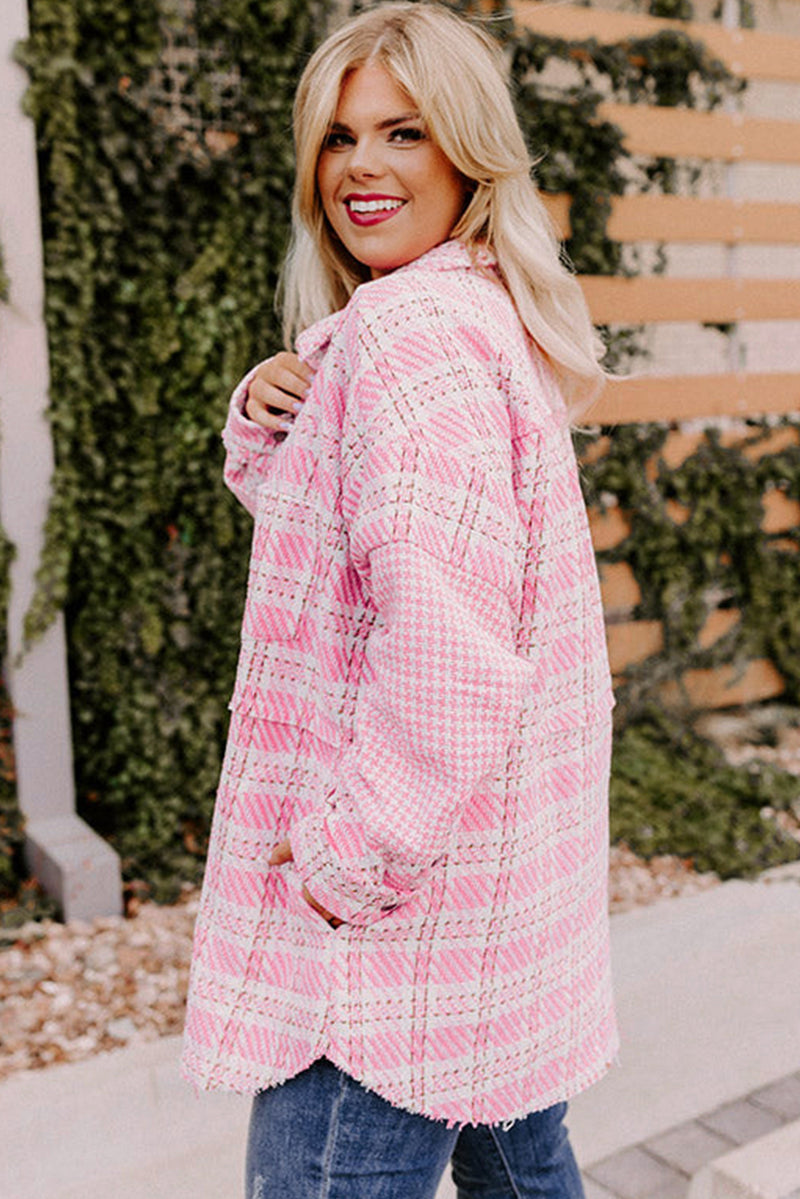 Pink Plus Size Tweed Plaid Houndstooth Print Jacket