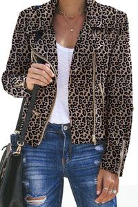 Leopard Zipped Notch Collar Short Jacket