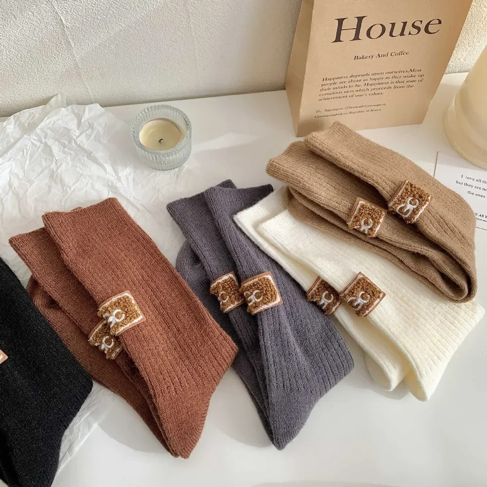 Ins Middle Tube Mid-Tube Socks Keep Warm Knitted Snow Boot Socks Solid Color Heel Furry Label Women Socks Winter