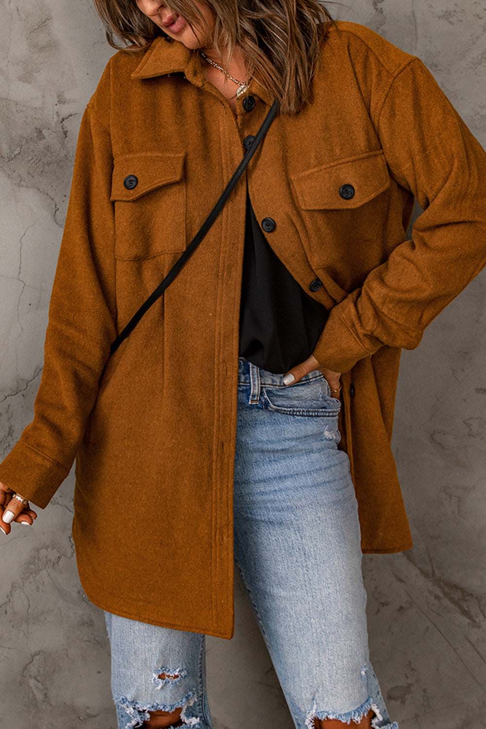 Brown Long Sleeve Pockets Buttoned Shirt Jacket