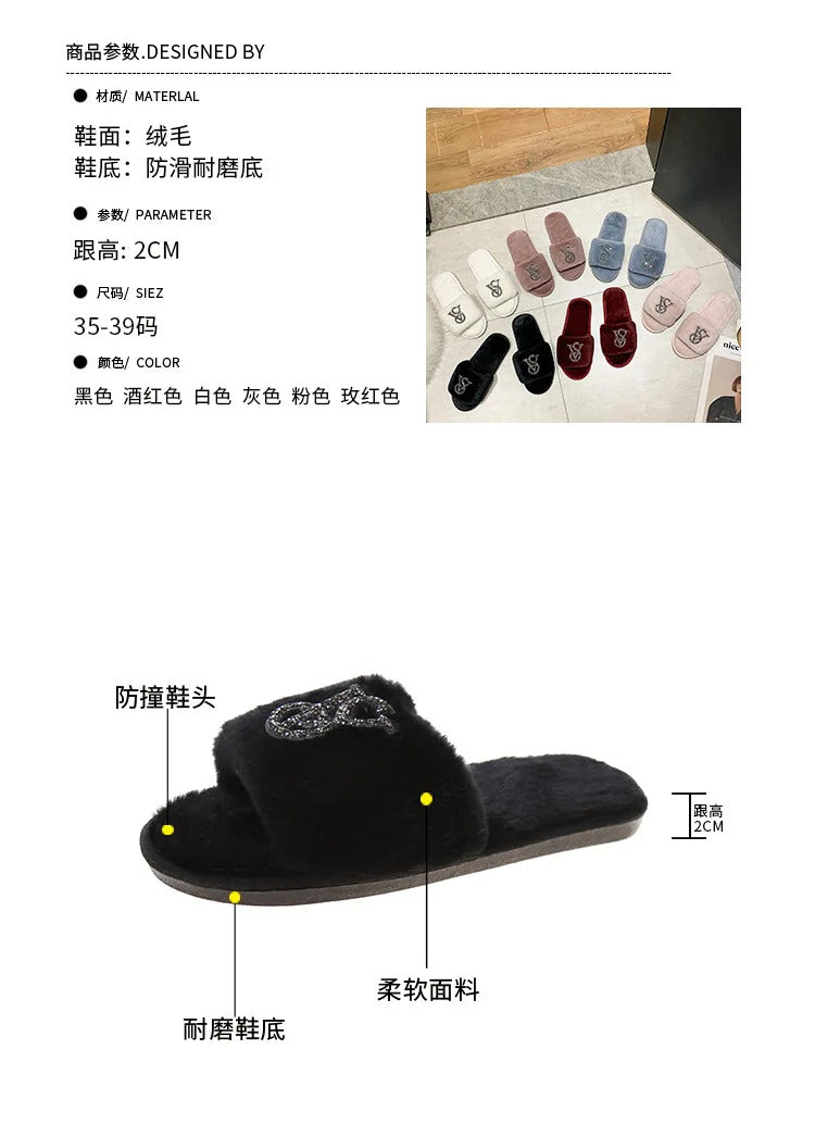 Female Home Cotton Slippers Women Autumn Winter Hairy Warm Footwear Fashion Letter Rhinestones Sandals Woman Casual Flat Shoes