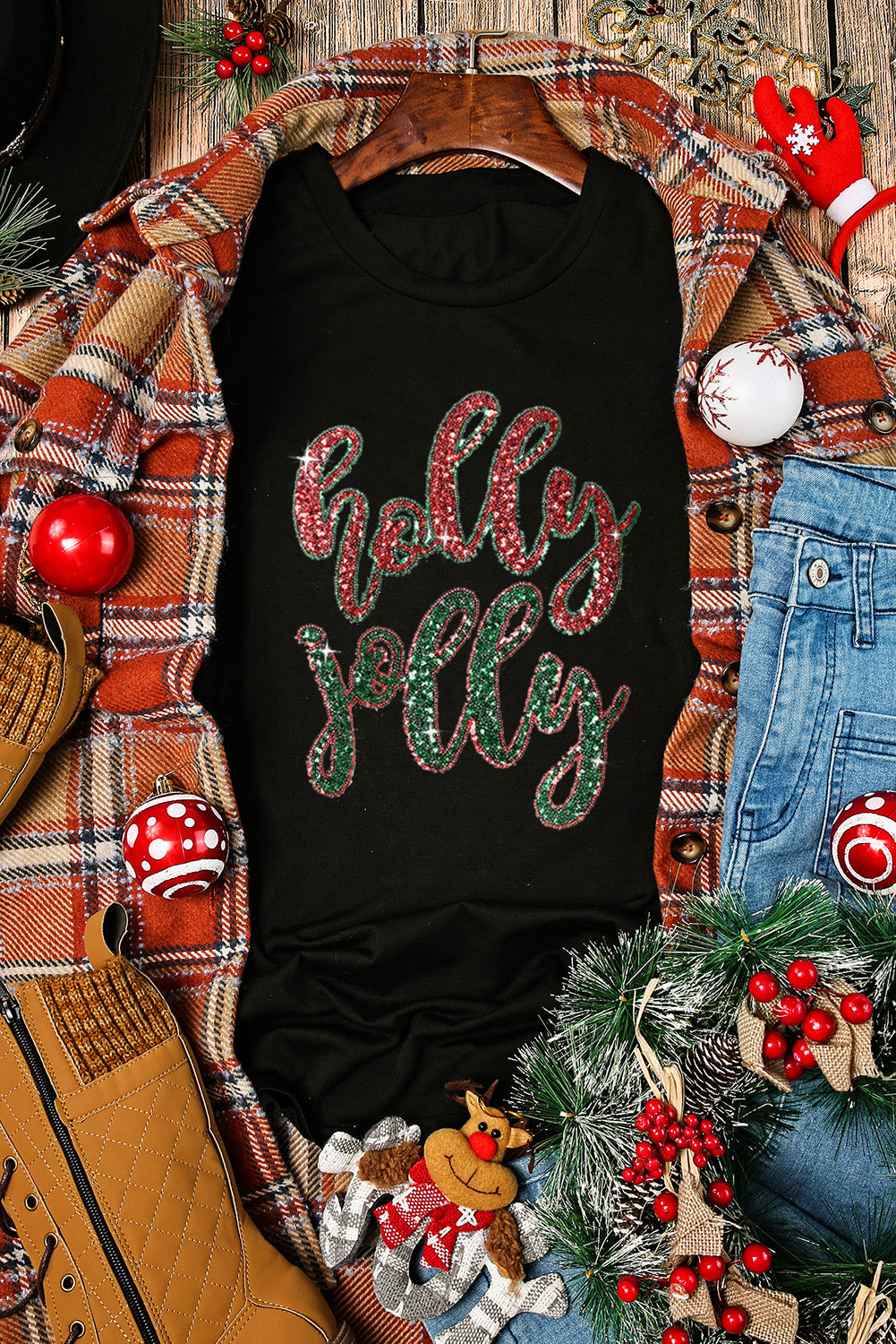 Black Christmas Sequined holly jolly Graphic Tee