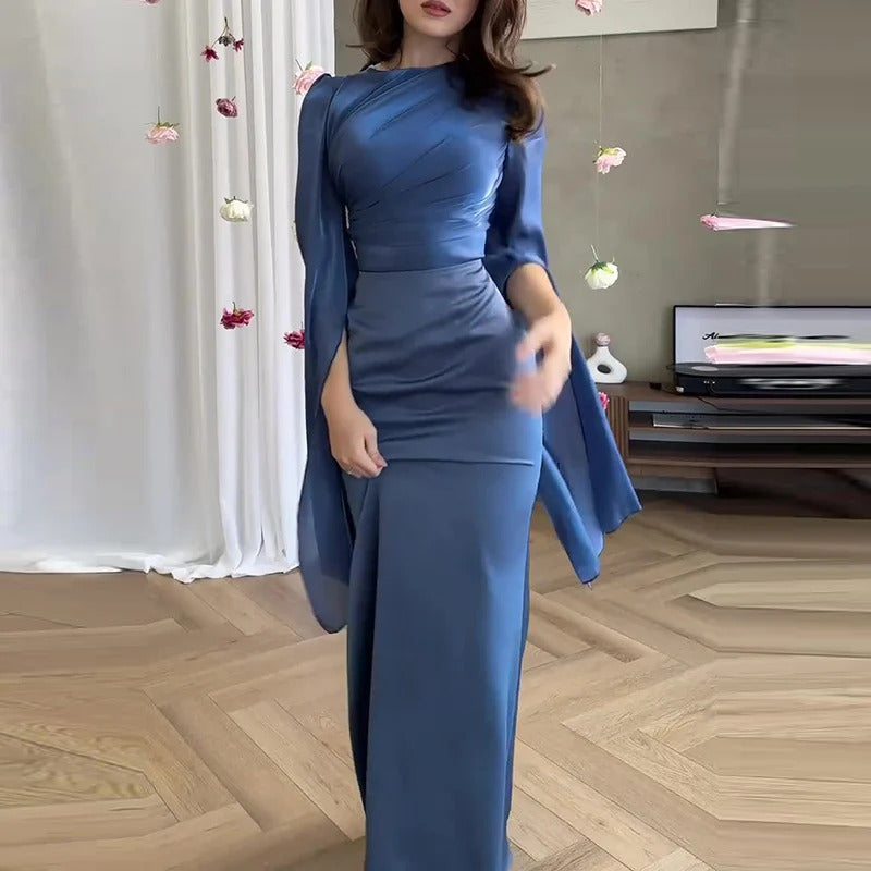 Fashion Satin Solid Robe Dress Ladies Temperament O-neck Slim Evening Dress Elegant Batwing Sleeves High Waist Pleats Long Dress