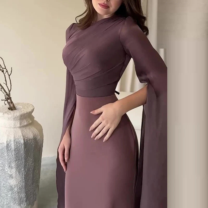 Fashion Satin Solid Robe Dress Ladies Temperament O-neck Slim Evening Dress Elegant Batwing Sleeves High Waist Pleats Long Dress