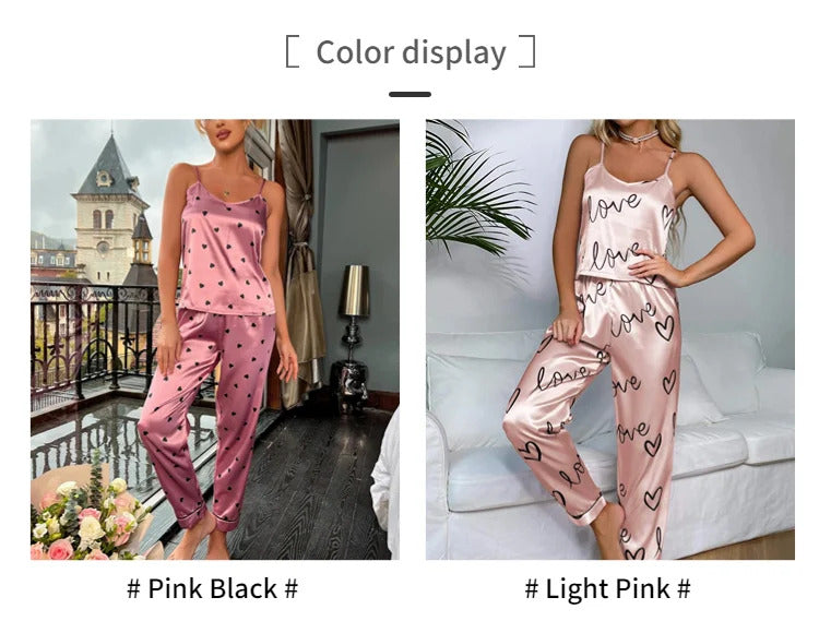 Women Satin Silk Pajamas Sets Letter Print Cami Vest Shirt With Trouser Sleepwear Ladie Sexy Pajama Lingerie Pyjamas Nightwear