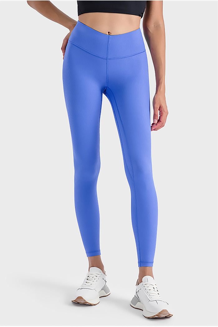 Blue Wide Waistband Ribbed Skinny Yoga Pants