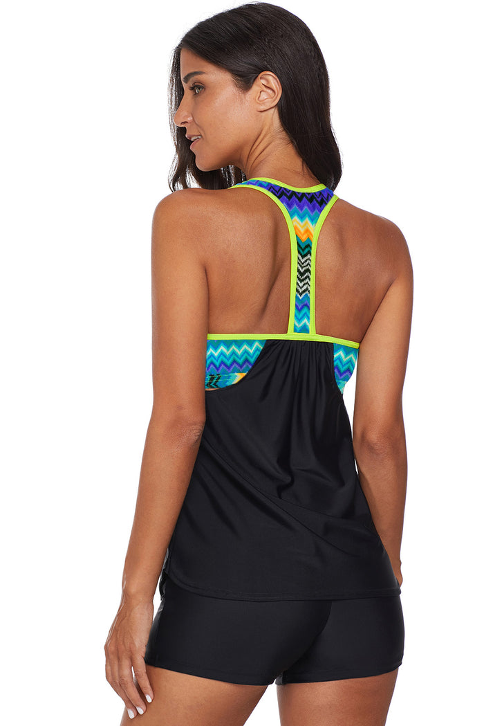 Black Blouson Striped Printed Strappy T-Back Push up Tankini Top