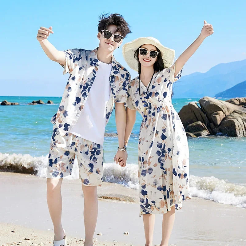 2024 Summer Holiday Family Vacation Look Clothes Dad and Son Shirts Two Piece Outfits Sets Mom and Daughter Short Sleeve Dress