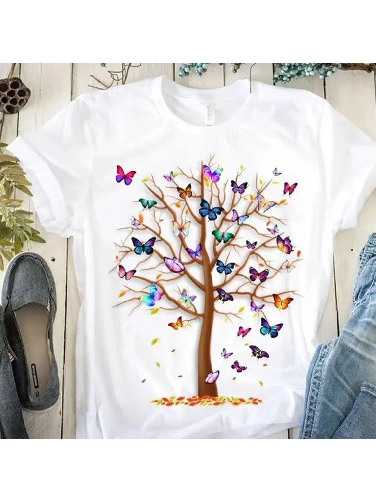 Women's Butterfly Tree Print Harajuku T-Shirt Round Neck Top Short Sleeve Casual Summer Tee Shirt