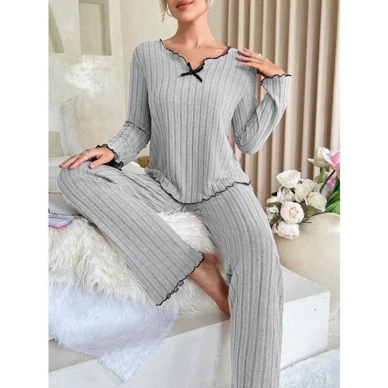 Women Autumn Winter Sleepwear Ribbed Pajamas Set Long Sleeve Top and Long Pants 2 Piece Set Casual Homewear Loungewear