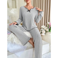 Women Autumn Winter Sleepwear Ribbed Pajamas Set Long Sleeve Top and Long Pants 2 Piece Set Casual Homewear Loungewear