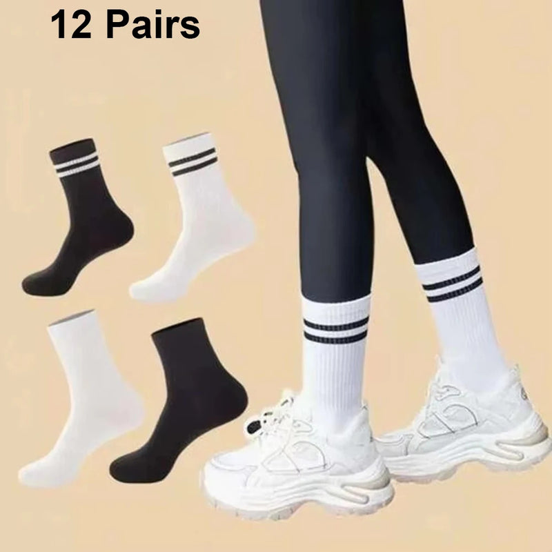 4/8/12 Pairs Versatile Women's Socks Parallel Bar Pattern Fashion Breathable Autumn High Quality Women's Mid Length Socks