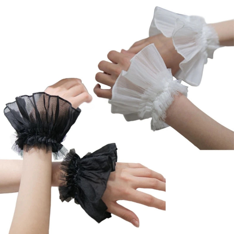 Women Wrist Cuffs Removable Lace Ruffled Wedding Supply Bride Dress False Sleeves Tulle Flared Sleeves F0T5