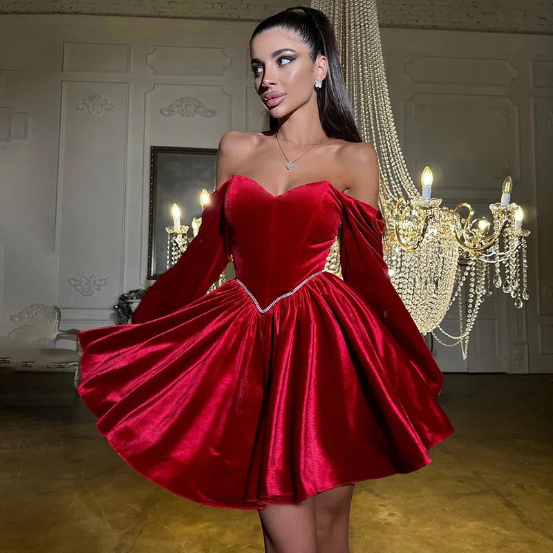 Elegant Velvet Strapless Mini Dresses Women Solid Off Shoulder Long Sleeved Dress Female 2025 Autumn Chic Evening Party Robes