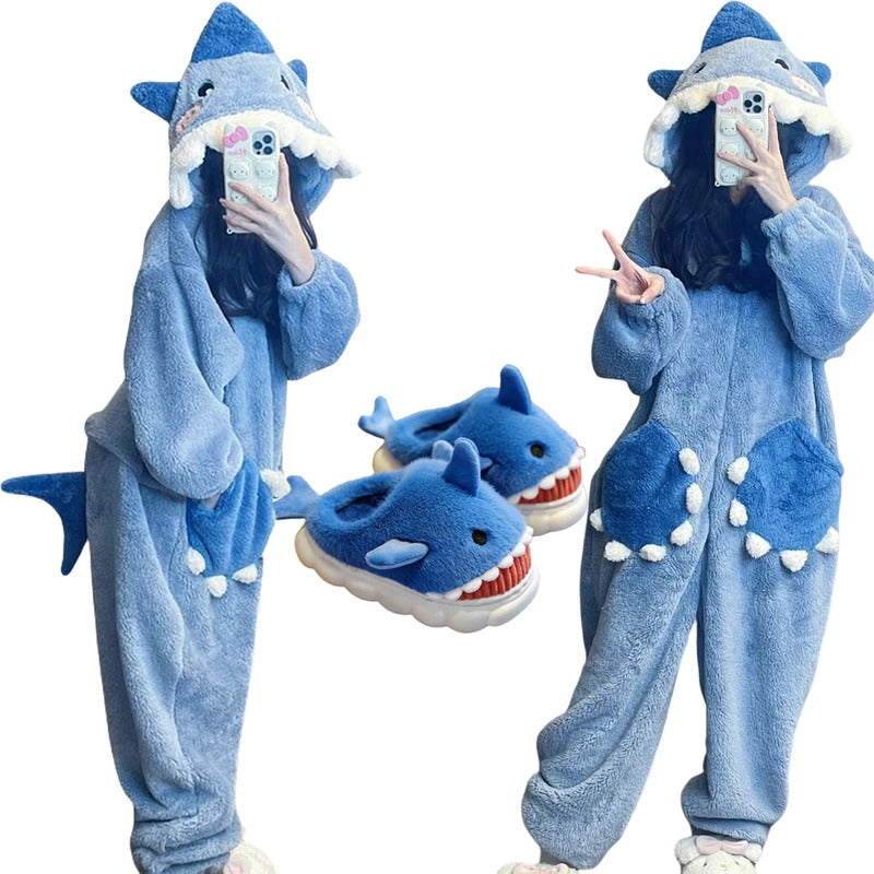 Cartoon Cute Shark Women's Hooded Sleepwear Kigurumi Unicorn Winter Cosplay Pijama jumpsuit Female Christmas Party Loungewear