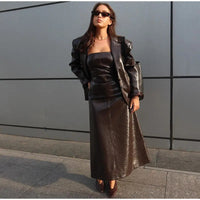 PU Women's Coat With Dress Suit Fashioh Sleeveless Strapless Faux Leather Dress And Loose Lapel Long Sleeve Coat Two Piece Set