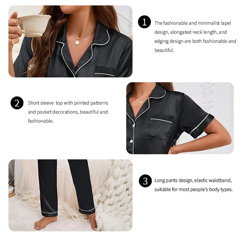 Women's Pajamas Sets Autumn Short Sleeve Buttons Top & Pants Sleepwear 2 Piece Button-Down Pj Set Homewear Satin Loungewear