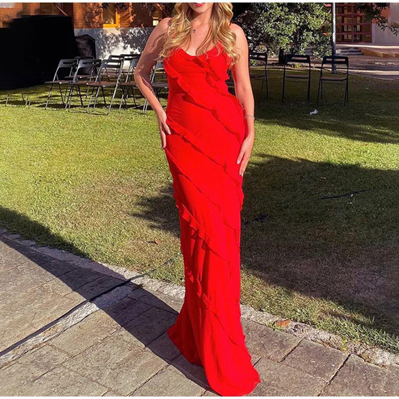 2024 Elegant Red Chiffon Slip Dresses for Women Sexy Spaghetti Strap Backless Lace-up Ruffles Long Maxi Evening Party Prom Dress