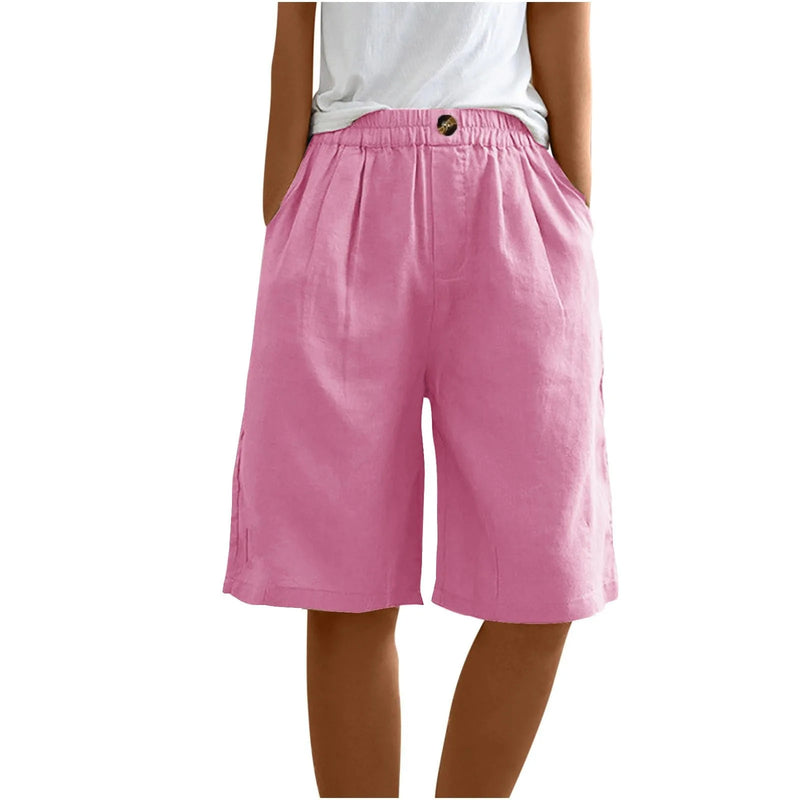 Women's Fashion Solid Color Pants Pocket Button Up Capris Loose Elastic Waist Cotton Linen Shorts