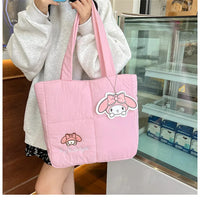 2024 New Sanrio Handbag Cartoon Cute Down Fabric Kuromi Tote Bag Shoulder Pacha Dog Cute Stationery Bag Large Capacity Handbag