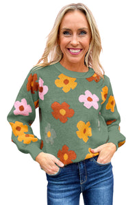 Pink Sweet Flower Knitted Ribbed Hem Sweater