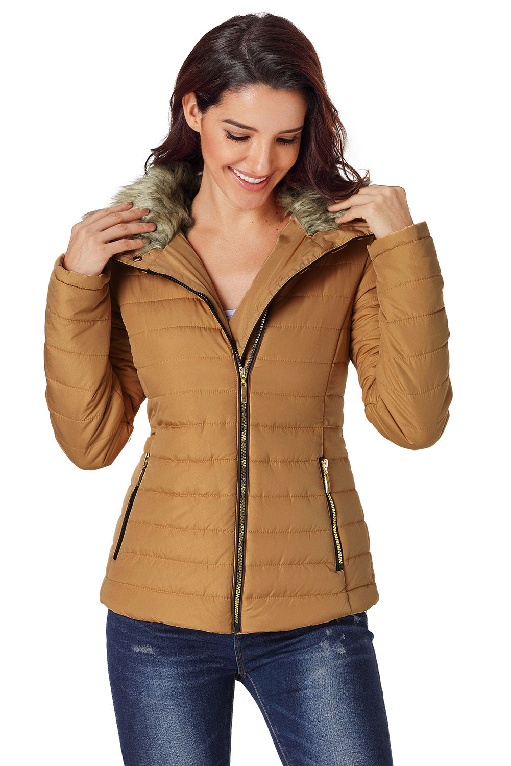 Camel Faux Fur Collar Trim Black Quilted Jacket